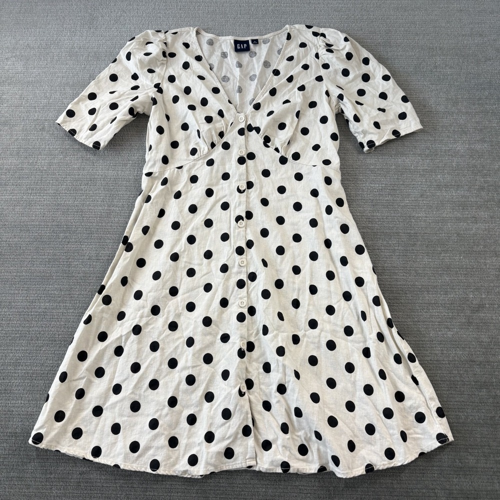 Gap Linen Blend Polka Dot Button Down Dress Women S Mini Puff Sleeve V Neck